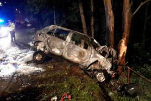 Osobní auto po nárazu do stromu zcela shořelo. Řidič ohni unikl