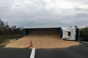 Obilí kamion nedovezl, ale po převrácení vysypal na dálnici