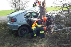 Po nárazu auta do stromu měli na Brněnsku práci hasiči i záchranáři
