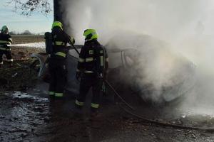 Požár osobního automobilu po nárazu do stromu s tragickým koncem