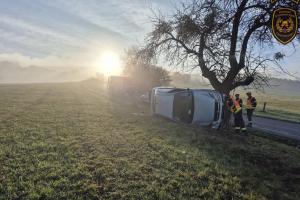 Auto skončilo mimo silnici ve stromu, řidička nezraněna